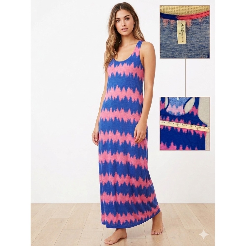 Ace Fashion Blue Pink Chevron Zigzag Racerback Maxi Dress Large